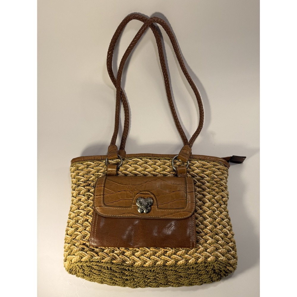 Maggie Barnes Weaved Straw with Faux Leather Croc Print Leather Shoulder Bag